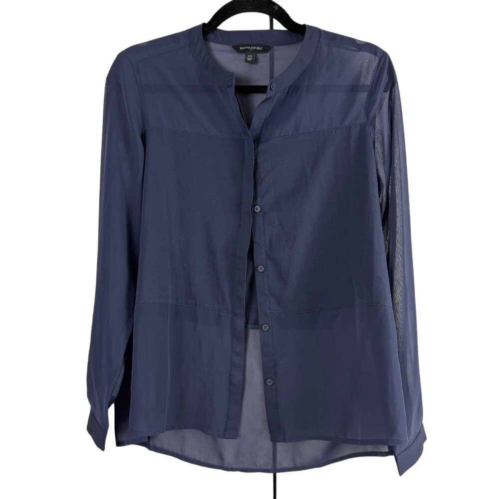 Banana‎ Republic Navy Sheer Panel Blouse Long Sleeve XS Fall Navy 727256-01